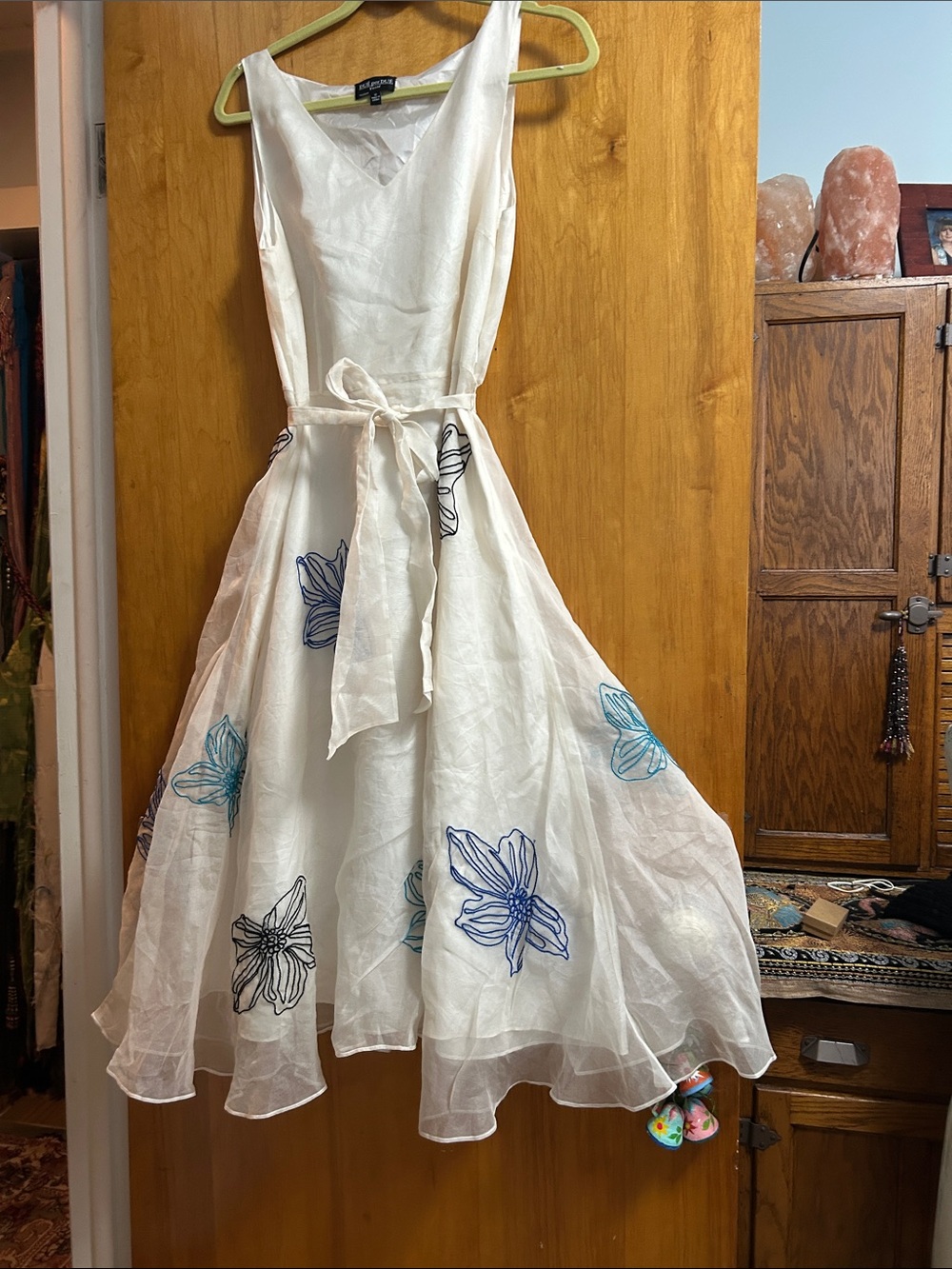 White Midi Dress with Blue Floral Embroidery and Self-Tie Belt